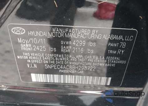 2011 Hyundai Sonata Se z USA, uszkodzony, nr VIN 5NPEC4AC8BH298722